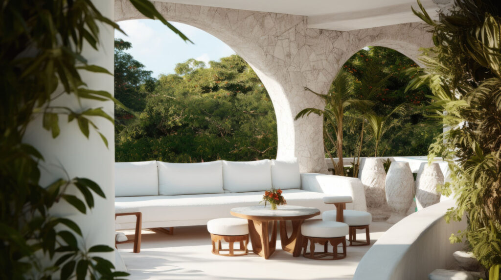 Latitude 31 Construction Solutions Corfu picture from the design of an ourdoor gathering area with sofa, chairs and chunky marble table in natural view